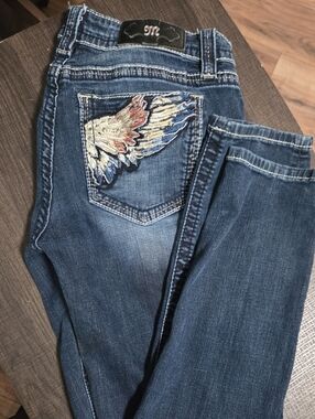 Miss Me Blue Straight Leg Jeans with Embroidered Wing Pocket